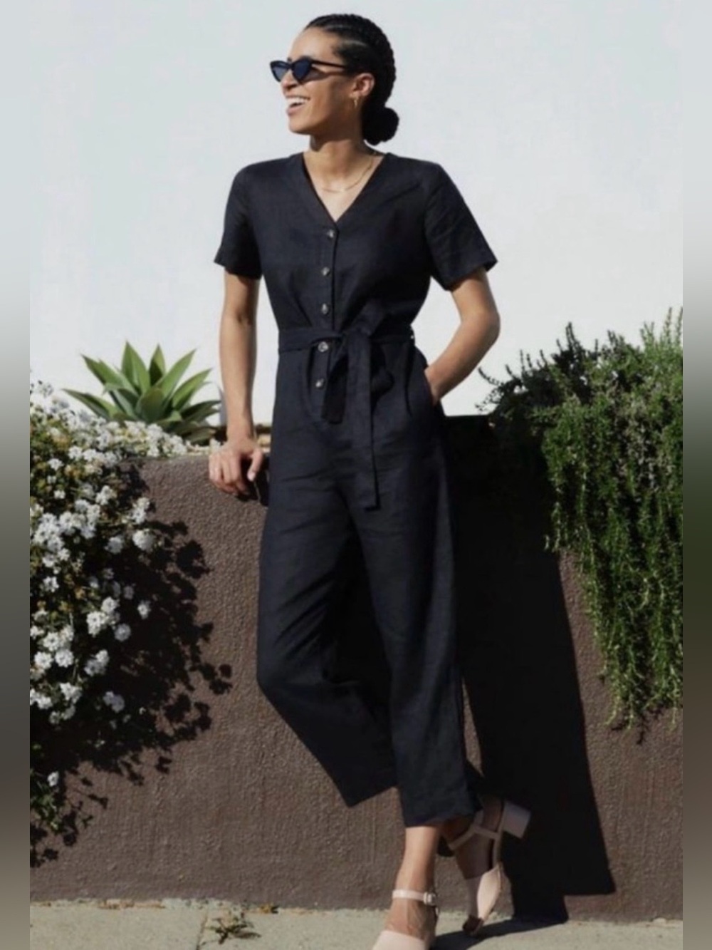 Everlane Linen Short Sleeve Button Front Belted Jumpsuit Black Size 8 Teacher